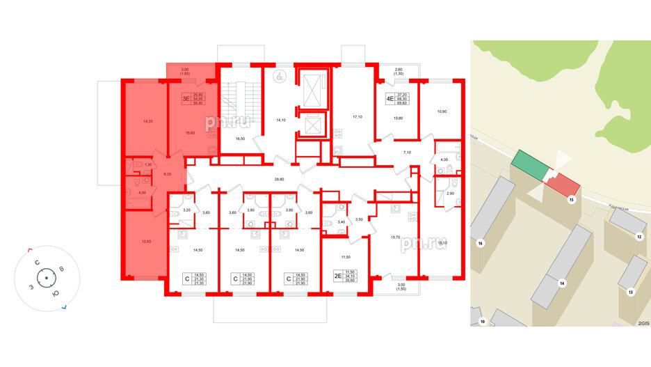Квартира в ЖК «Ручьи–2», 2 комнатная, 56.4 м², 2 этаж