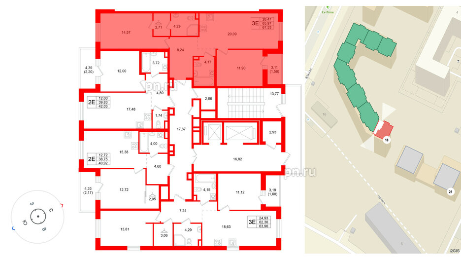 Квартира в ЖК Энфилд, 2 комнатная, 67.53 м², 2 этаж