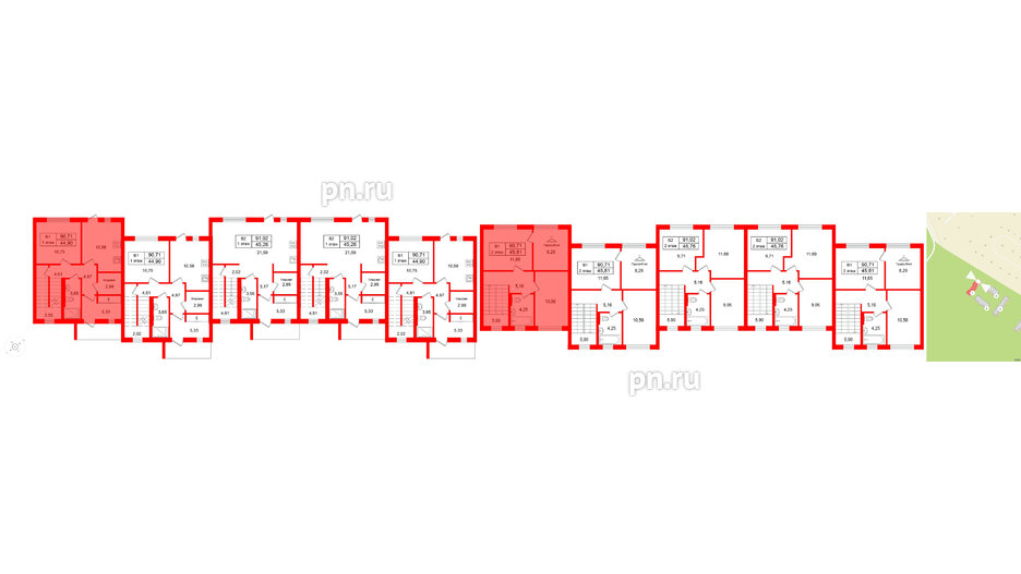 Квартира в ЖК СветЛО, 3 комнатная, 90.71 м², 1 этаж