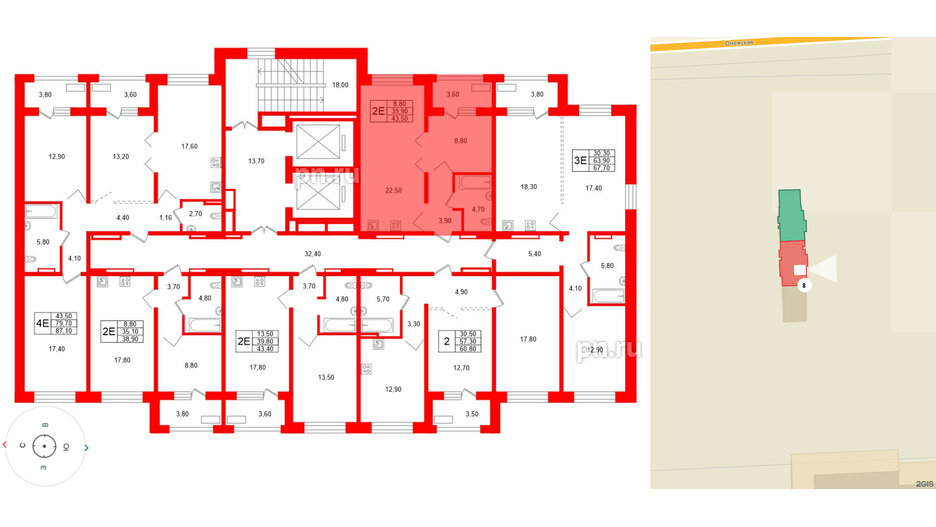 Квартира в ЖК Сибирь, 1 комнатная, 43.5 м², 8 этаж