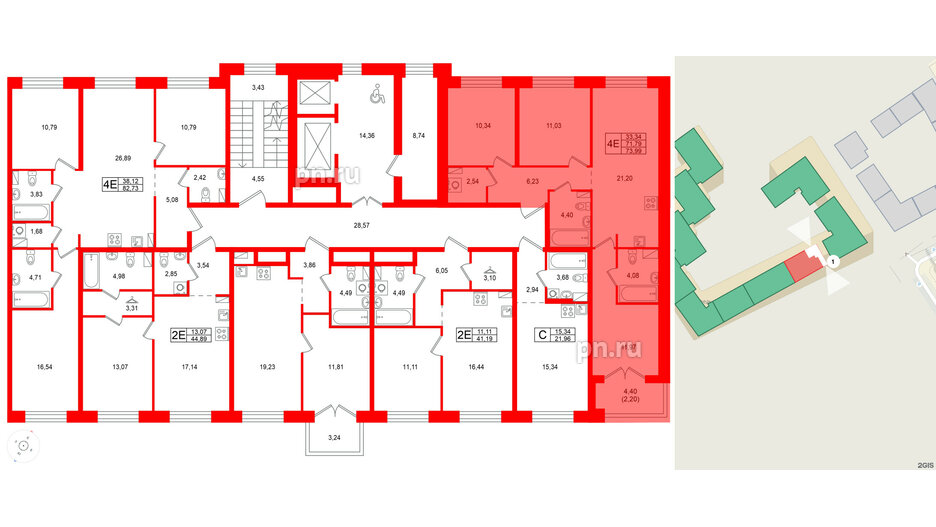 Квартира в ЖК Остров Первых, 3 комнатная, 73.99 м², 6 этаж