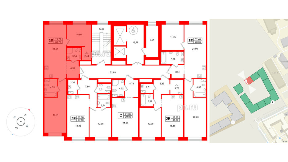 Квартира в ЖК Остров Первых, 2 комнатная, 68.78 м², 8 этаж