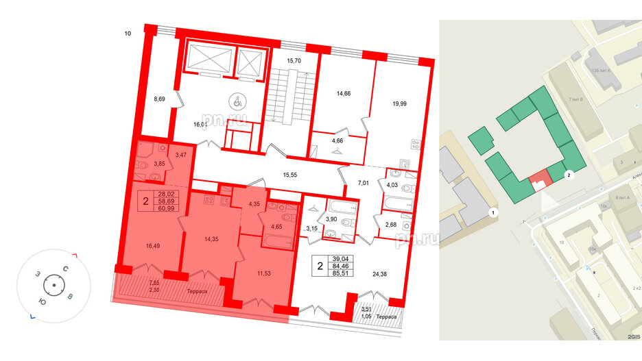 Квартира в ЖК Остров Первых, 2 комнатная, 60.99 м², 10 этаж