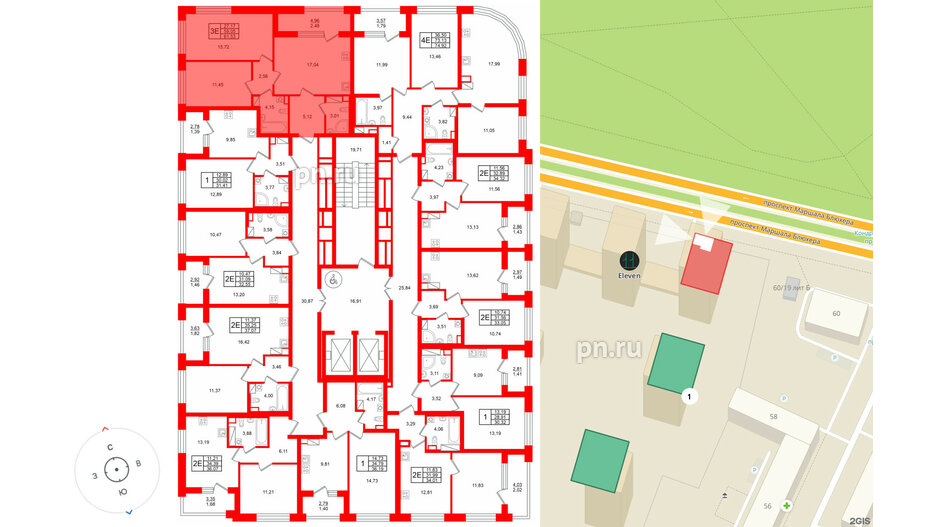 Квартира в ЖК Аурум, 2 комнатная, 61.53 м², 3 этаж