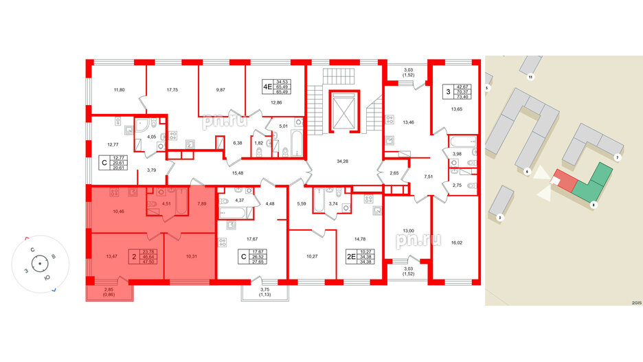 Квартира в ЖК «Плюс Пулковский», 2 комнатная, 47.5 м², 2 этаж