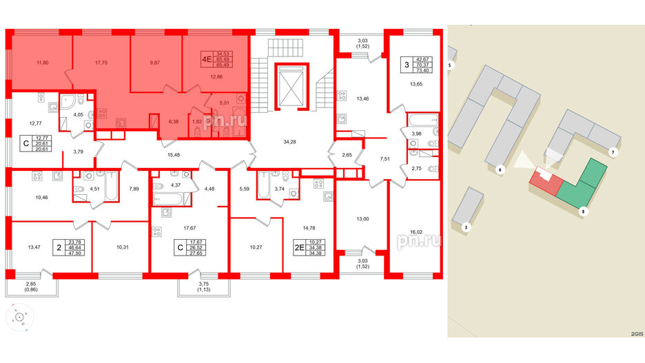 Квартира в ЖК Plus Пулковский, 3 комнатная, 65.49 м², 2 этаж