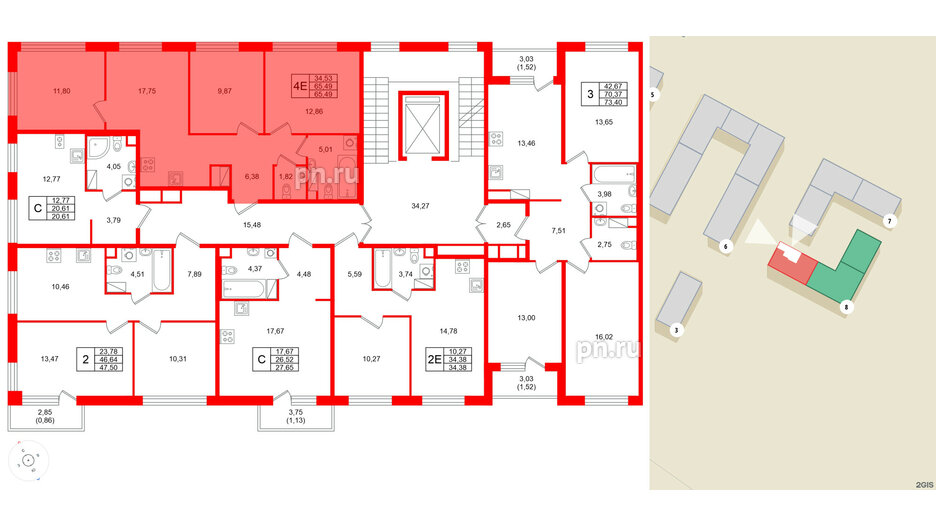 Квартира в ЖК Plus Пулковский, 3 комнатная, 65.49 м², 5 этаж