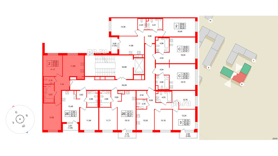 Квартира в ЖК «Плюс Пулковский», 2 комнатная, 51.63 м², 3 этаж