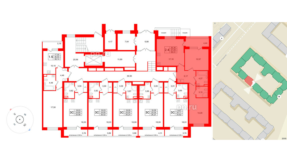 Квартира в ЖК Универ Сити, 2 комнатная, 57.09 м², 1 этаж