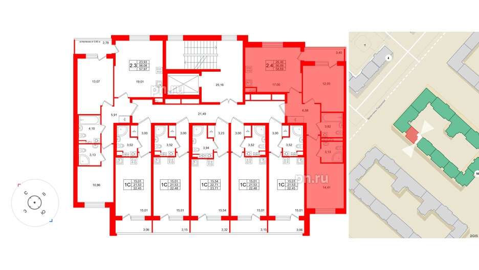 Квартира в ЖК Универ Сити, 2 комнатная, 56.99 м², 3 этаж
