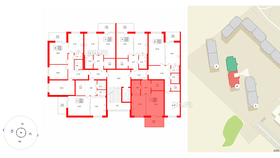 Квартира в ЖК «Финский Квартал», 1 комнатная, 44.62 м², 5 этаж