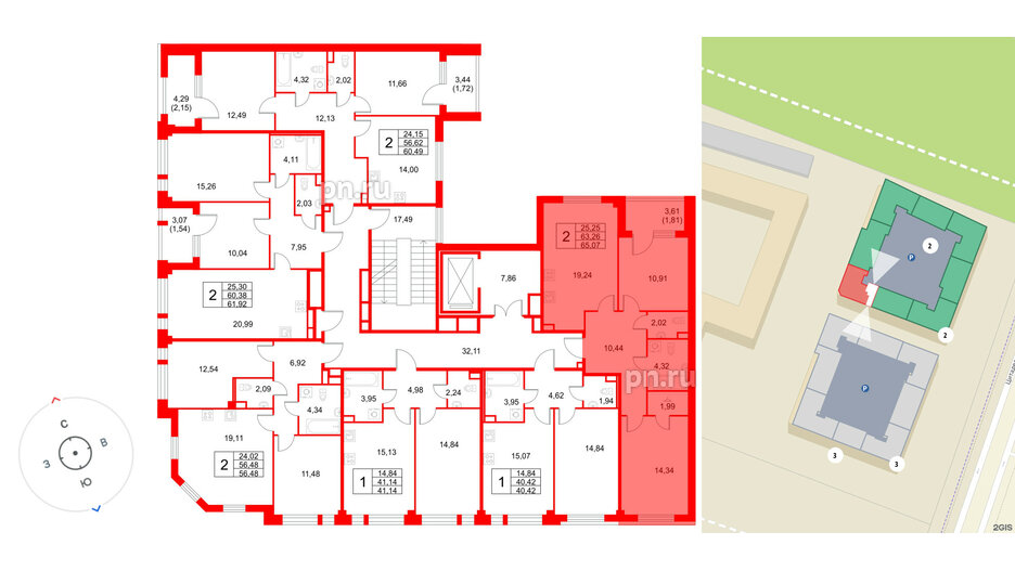 Квартира в ЖК Кронфорт, 2 комнатная, 65.07 м², 2 этаж