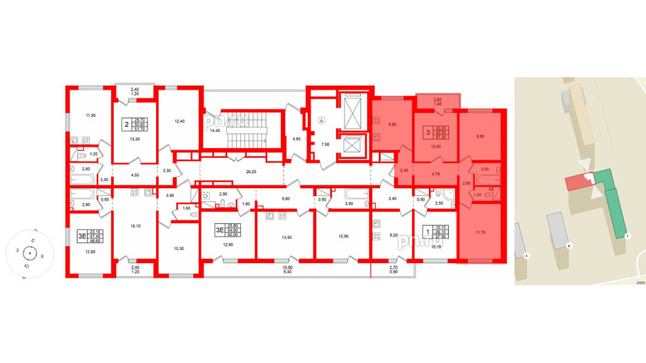 Квартира в ЖК 'Цветной город', 3 комнатная, 57.3 м², 12 этаж