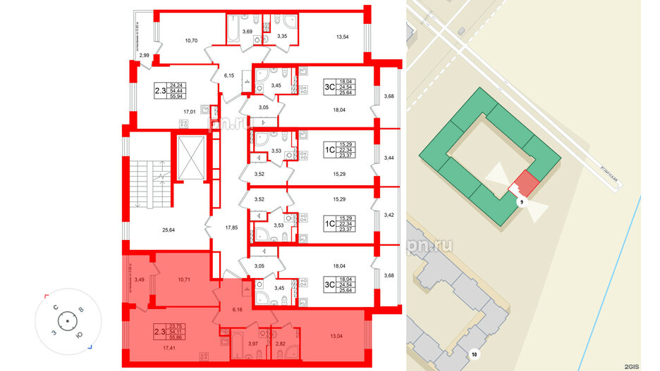 Квартира в ЖК Универ Сити, 2 комнатная, 54.11 м², 4 этаж