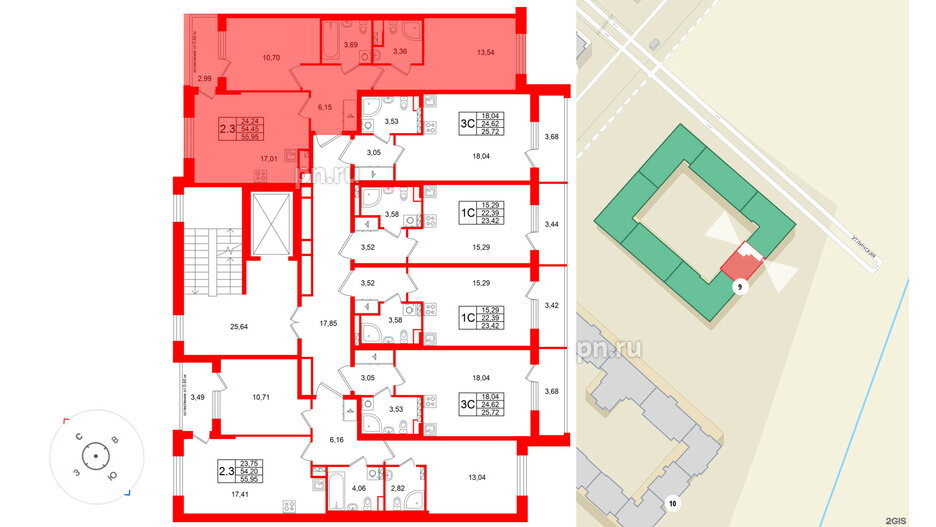 Квартира в ЖК Универ Сити, 2 комнатная, 54.45 м², 3 этаж