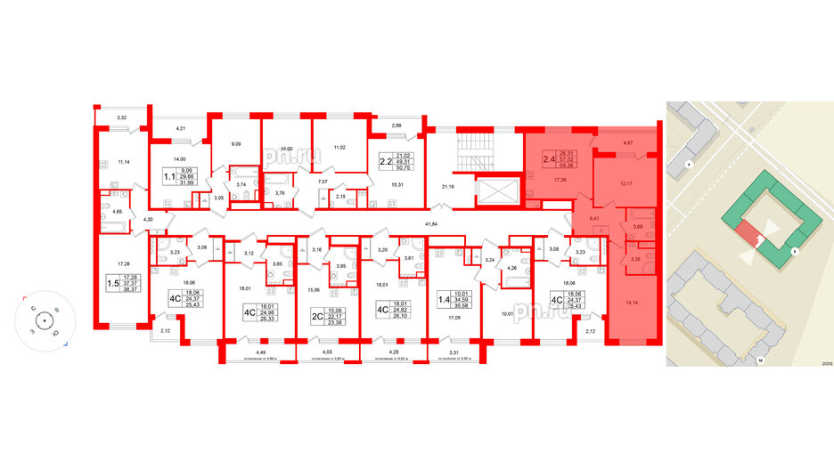 Квартира в ЖК Универ Сити, 2 комнатная, 57.02 м², 3 этаж