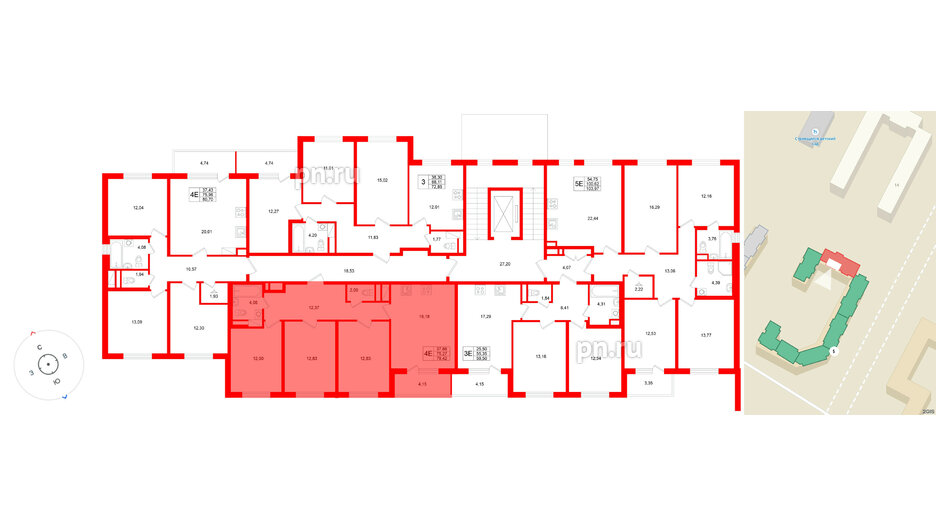 Квартира в ЖК «Югтаун», 3 комнатная, 79.42 м², 2 этаж