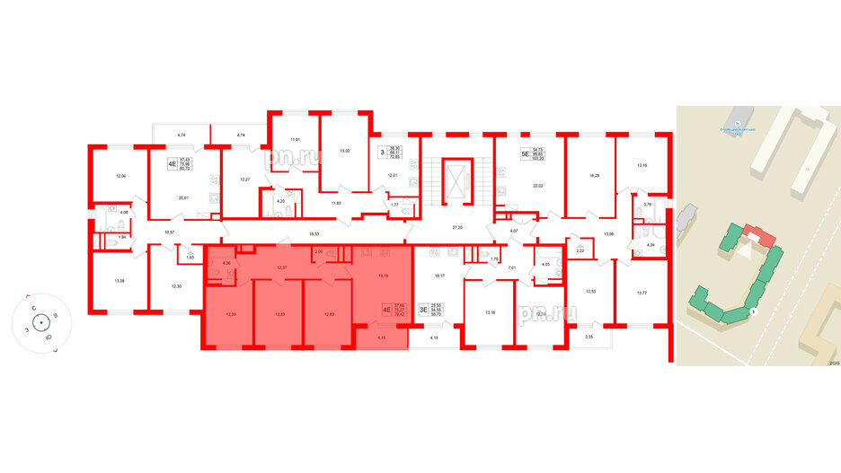Квартира в ЖК «Югтаун», 3 комнатная, 79.42 м², 4 этаж