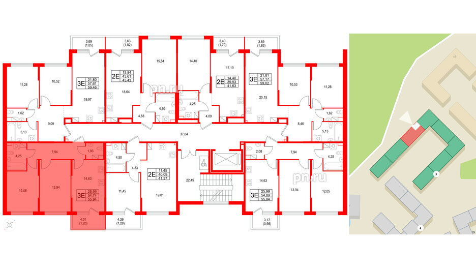 Квартира в ЖК Охтинские высоты, 2 комнатная, 55.94 м², 3 этаж