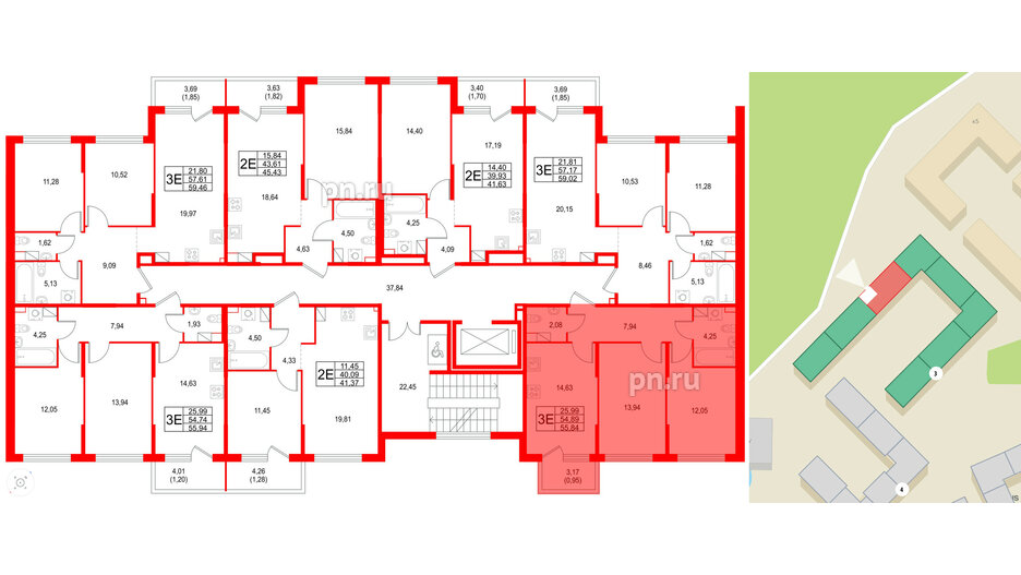 Квартира в ЖК Охтинские высоты, 2 комнатная, 55.84 м², 3 этаж