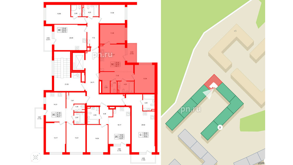 Квартира в ЖК Охтинские высоты, 2 комнатная, 60.11 м², 3 этаж