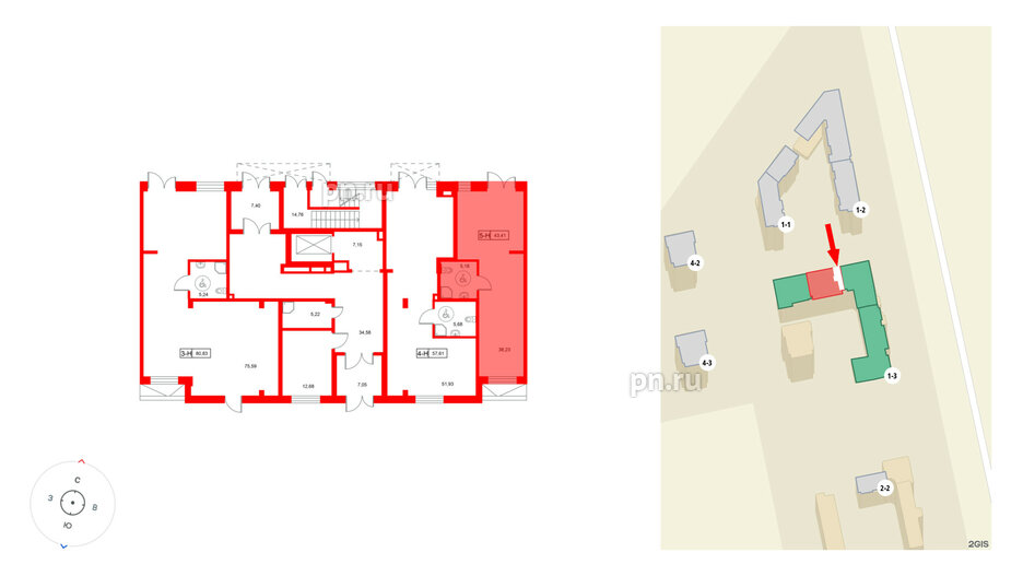 Помещение в ЖК Город спутник Южный., 43.41 м², 1 этаж