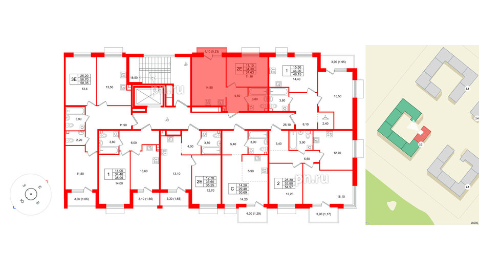 Квартира в ЖК Лисино, 1 комнатная, 35.4 м², 3 этаж