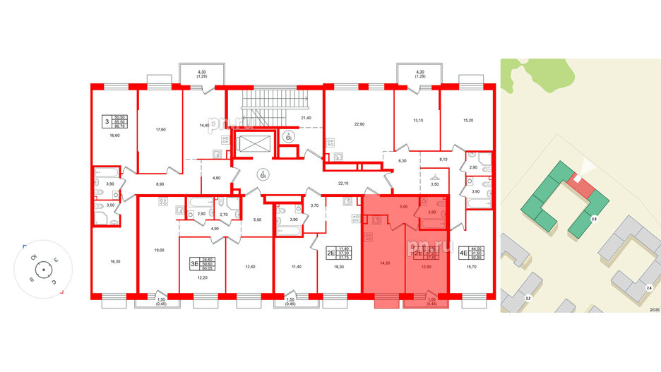 Квартира в ЖК «Лисино», 1 комнатная, 38.7 м², 2 этаж