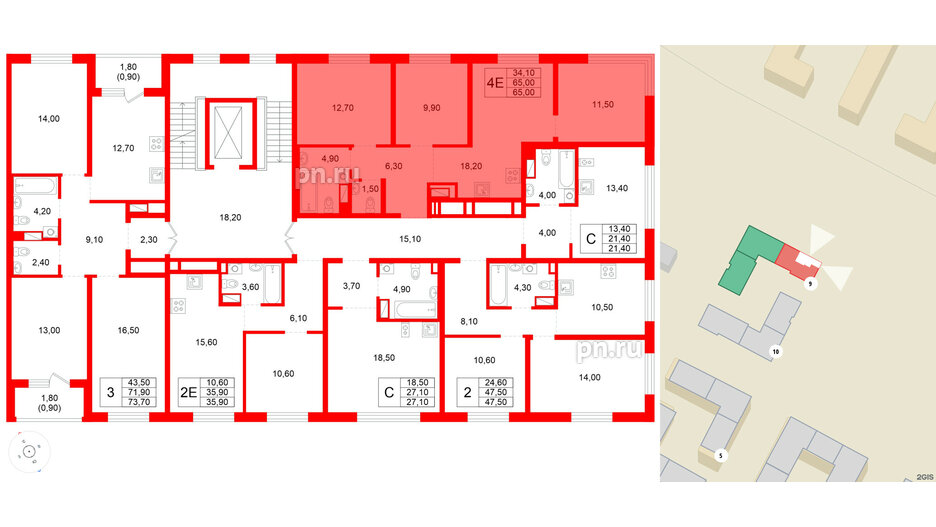Квартира в ЖК Plus Пулковский, 3 комнатная, 65 м², 3 этаж