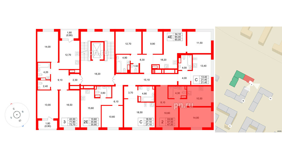 Квартира в ЖК «Плюс Пулковский», 2 комнатная, 47.5 м², 4 этаж