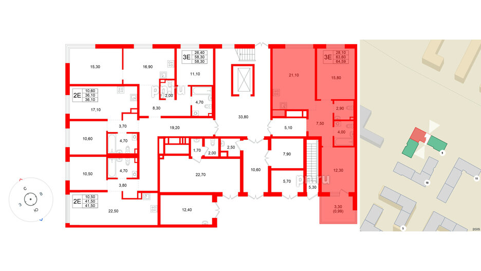 Квартира в ЖК «Плюс Пулковский», 2 комнатная, 63.6 м², 1 этаж