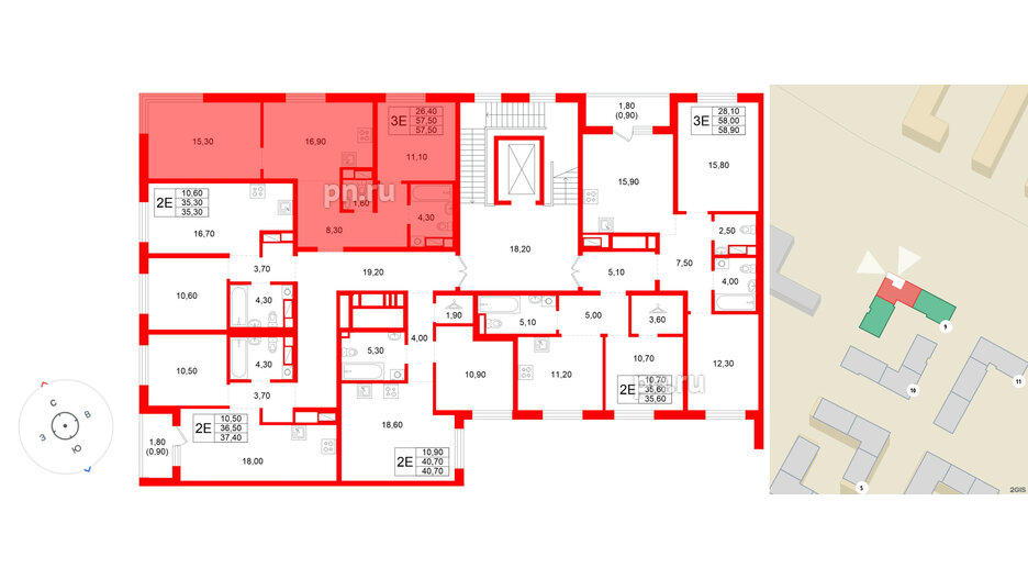 Квартира в ЖК «Плюс Пулковский», 2 комнатная, 57.5 м², 2 этаж