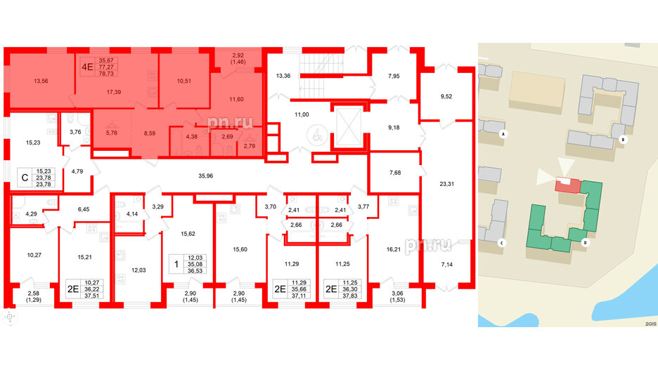Квартира в ЖК Квартал Заречье, 3 комнатная, 78.73 м², 1 этаж