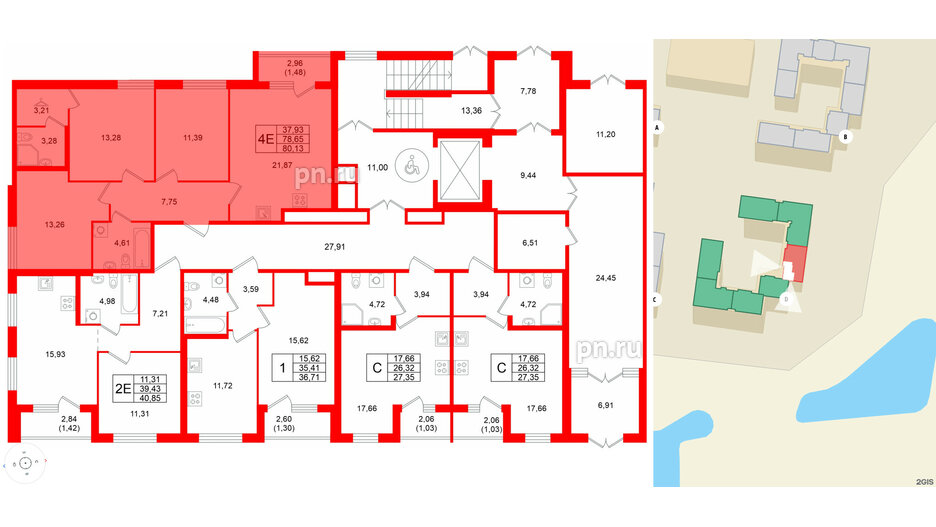 Квартира в ЖК Квартал Заречье, 3 комнатная, 80.13 м², 1 этаж
