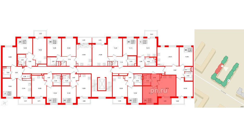Квартира в ЖК Югтаун, 1 комнатная, 43.72 м², 3 этаж