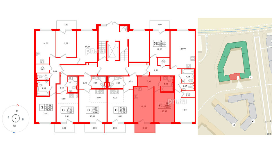 Квартира в ЖК «Любоград», 1 комнатная, 43.59 м², 1 этаж