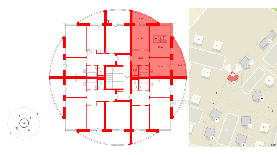 Квартира в ЖК «Ванино», 2 комнатная, 58.9 м², 3 этаж