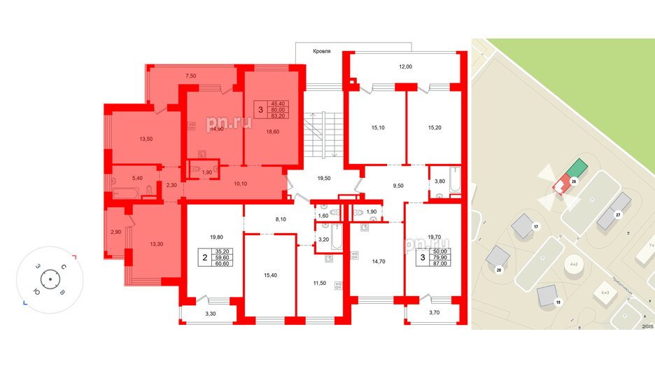 Квартира в ЖК «Ванино», 3 комнатная, 80 м², 2 этаж