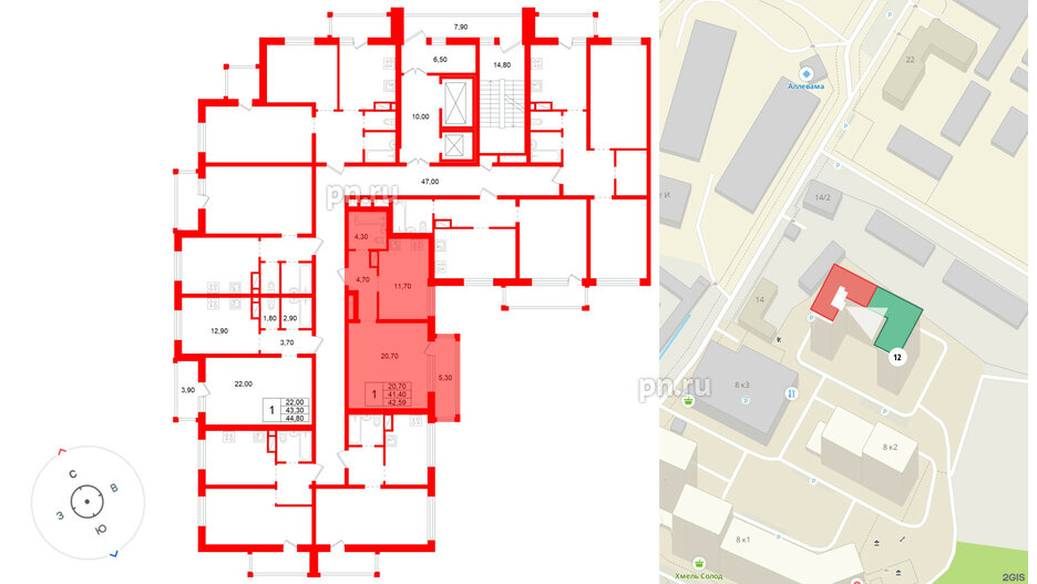 Квартира в ЖК «Янинский каскад», 1 комнатная, 41.4 м², 11 этаж