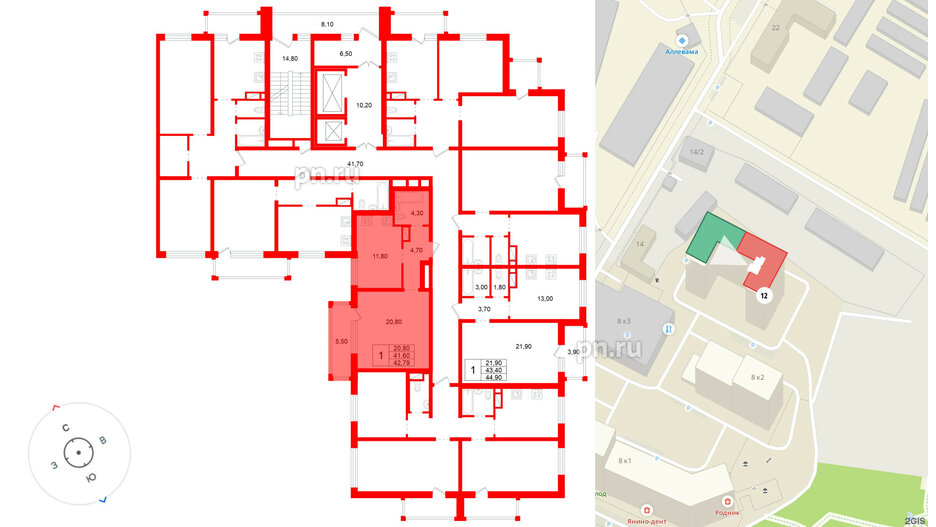 Квартира в ЖК «Янинский каскад», 1 комнатная, 41.6 м², 3 этаж