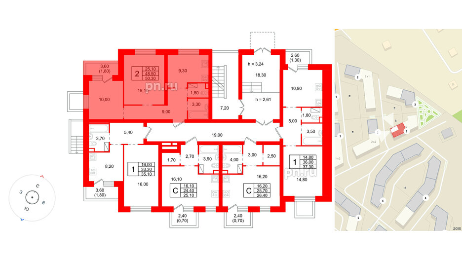 Квартира в ЖК «Шотландия», 2 комнатная, 48.5 м², 1 этаж