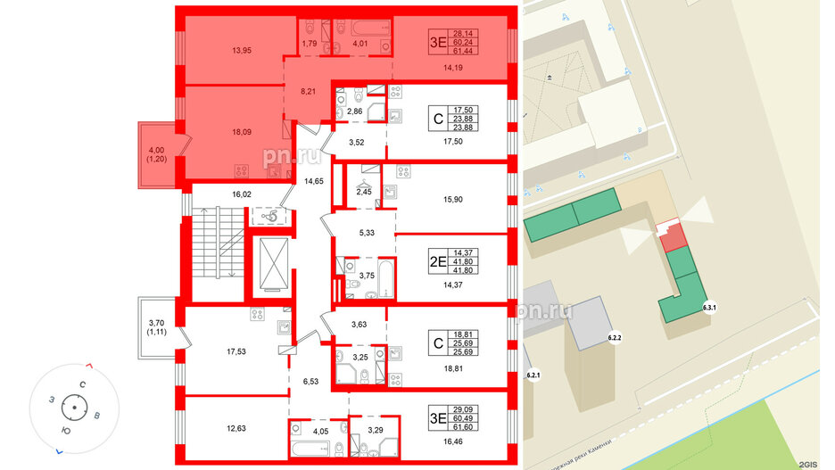 Квартира в ЖК «Сезоны», 2 комнатная, 61.44 м², 2 этаж