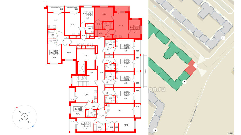 Квартира в ЖК Универ Сити, 2 комнатная, 53.49 м², 2 этаж