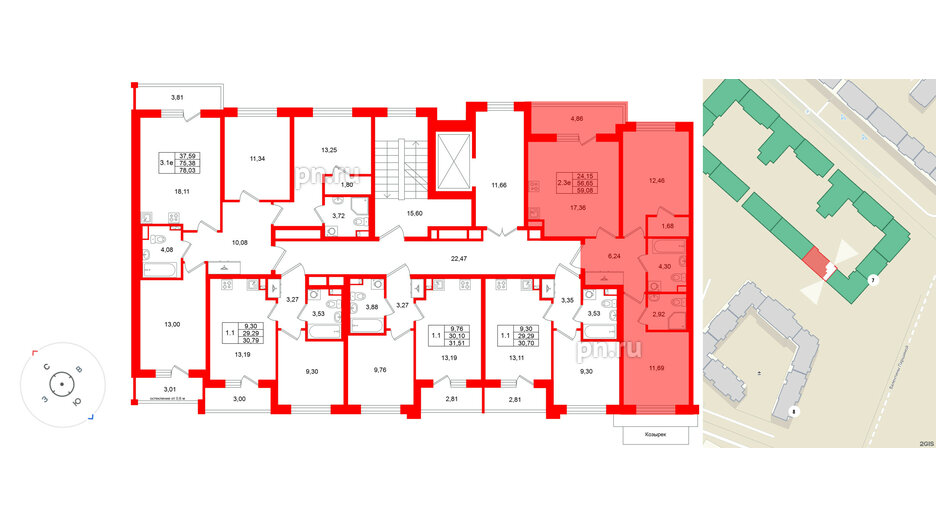 Квартира в ЖК Универ Сити, 2 комнатная, 56.65 м², 2 этаж