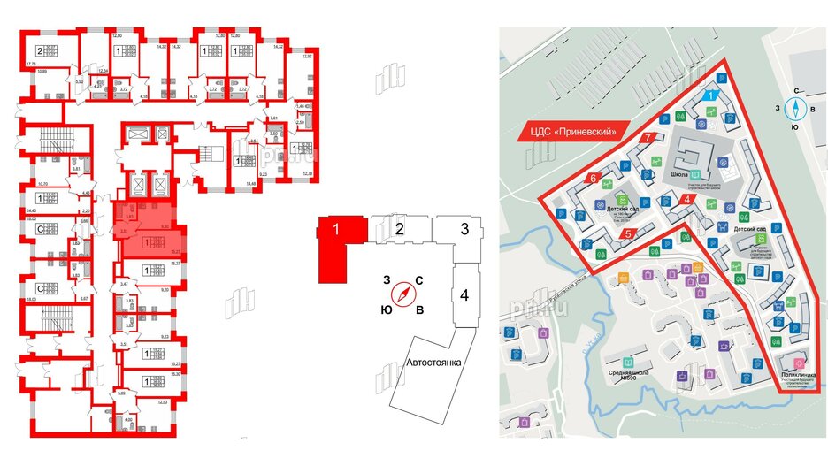 Квартира в ЖК 'Приневский', 1 комнатная, 32.1 м², 1 этаж