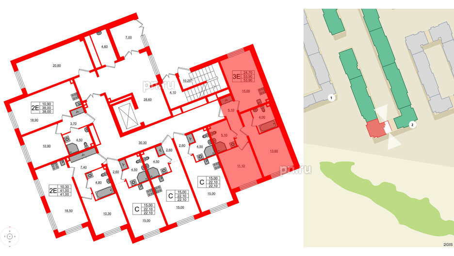 Квартира в ЖК «Пулково Lake», 2 комнатная, 53.9 м², 1 этаж