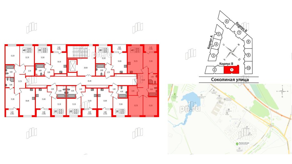 Квартира в ЖК Пулковский дом, 3 комнатная, 80.4 м², 2 этаж