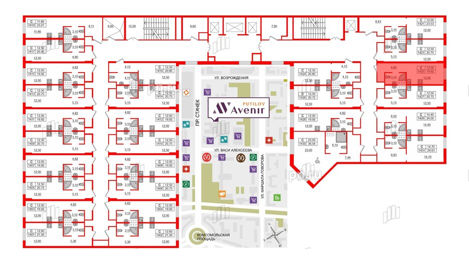 Апартаменты в ЖК Putilov Avenir, студия, 19.92 м², 14 этаж