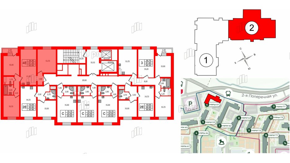 Квартира в ЖК Ржевский парк, 3 комнатная, 62 м², 9 этаж