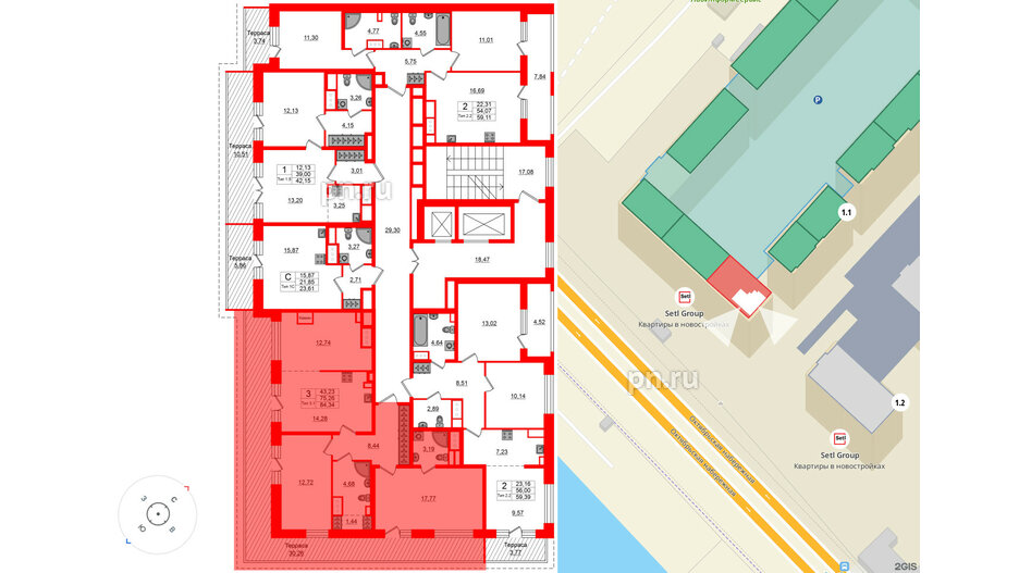 Квартира в ЖК «Сэтл Ривьера», 3 комнатная, 75.26 м², 12 этаж